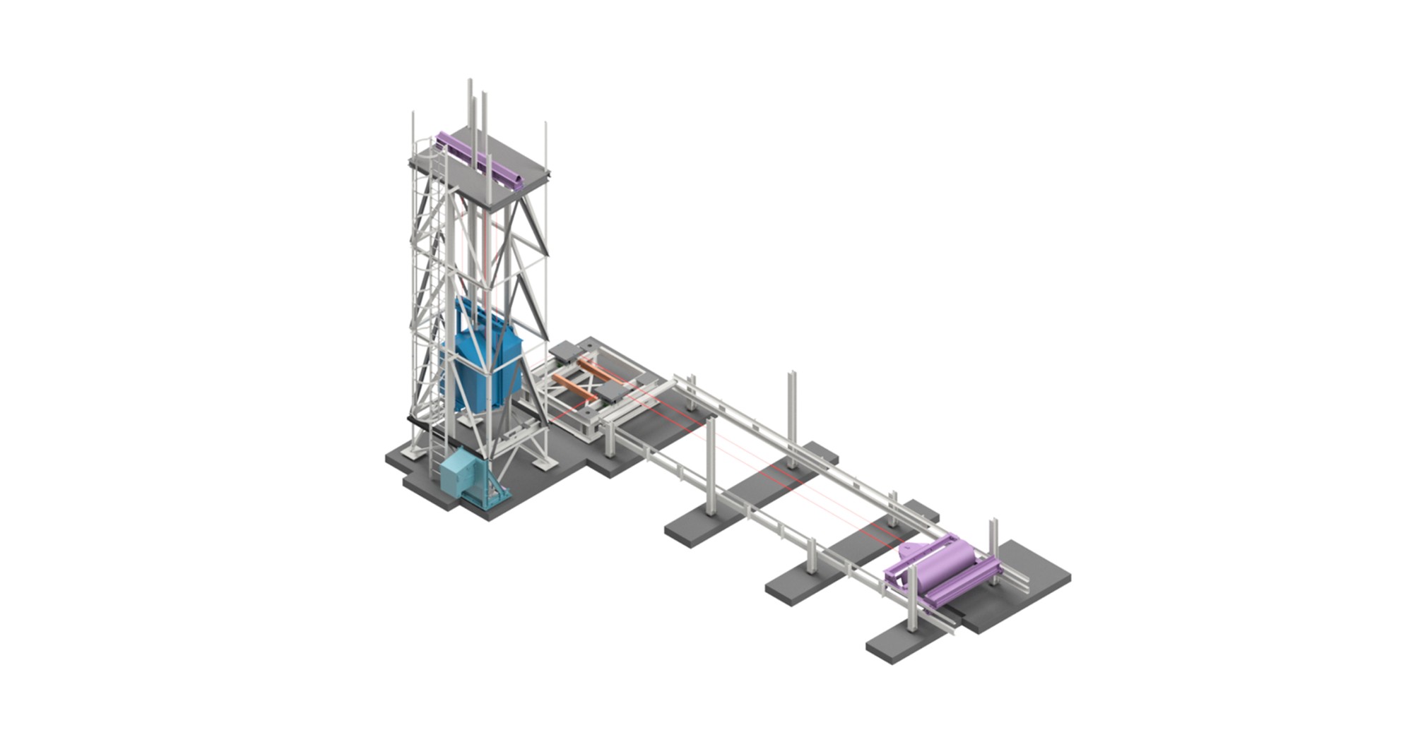 3D model van een geautomatiseerde productie en transportlijn met verticale toren, transportband en processing unit