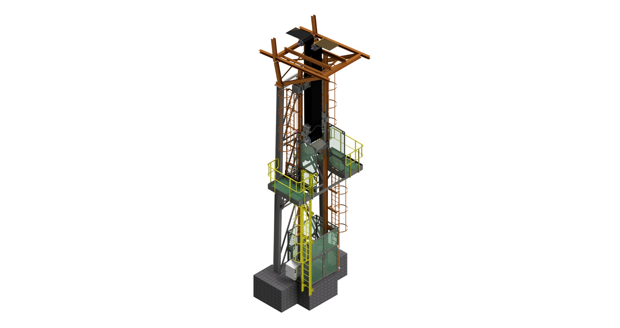 3D model van een verticale liftinstallatie met meerdere platforms, ladders, veiligheidskooien en centraal transportsysteem