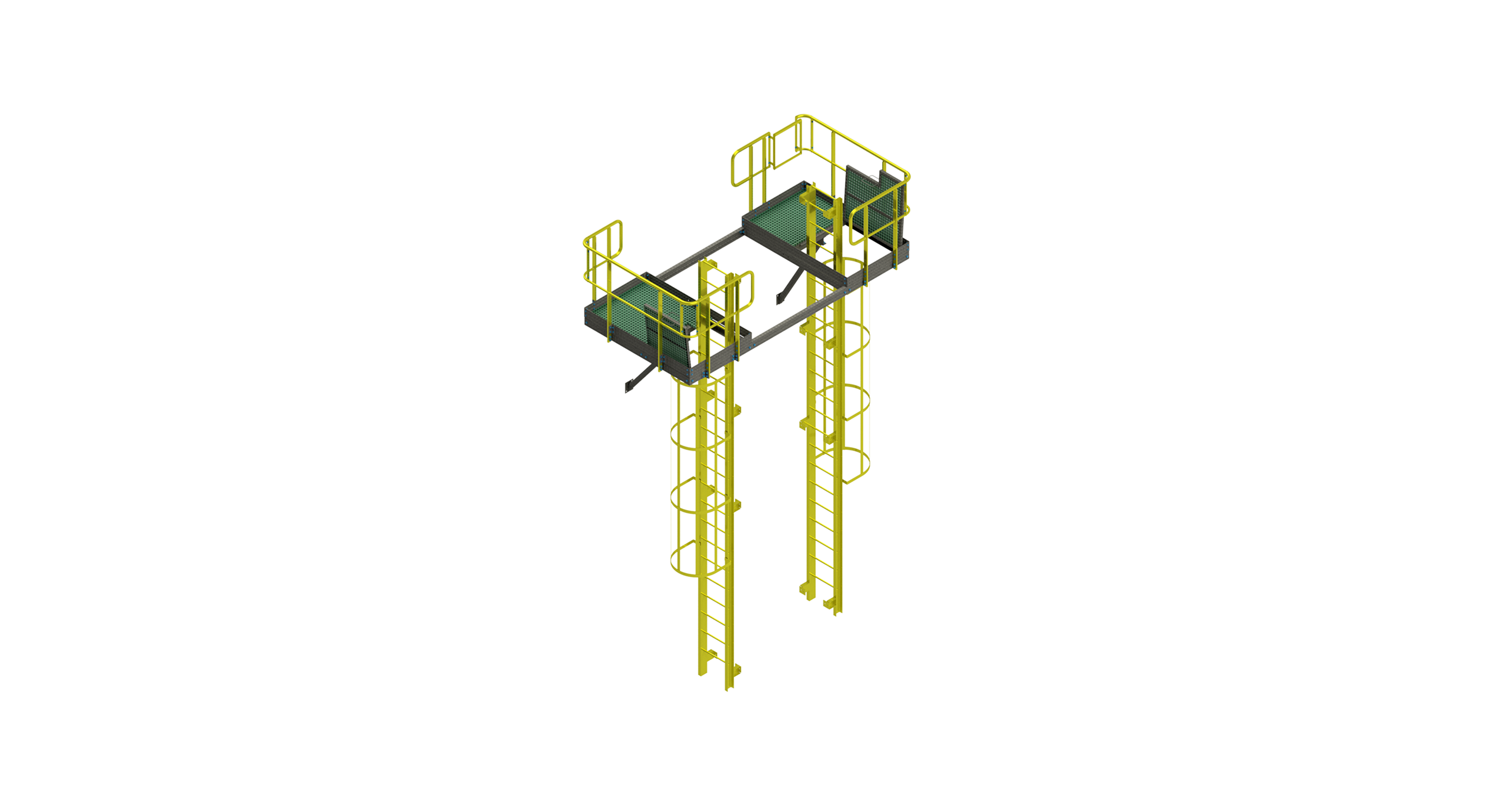 3D model van een verhoogd onderhoudsplatform met dubbele laddertoegang en gele veiligheidsleuningen