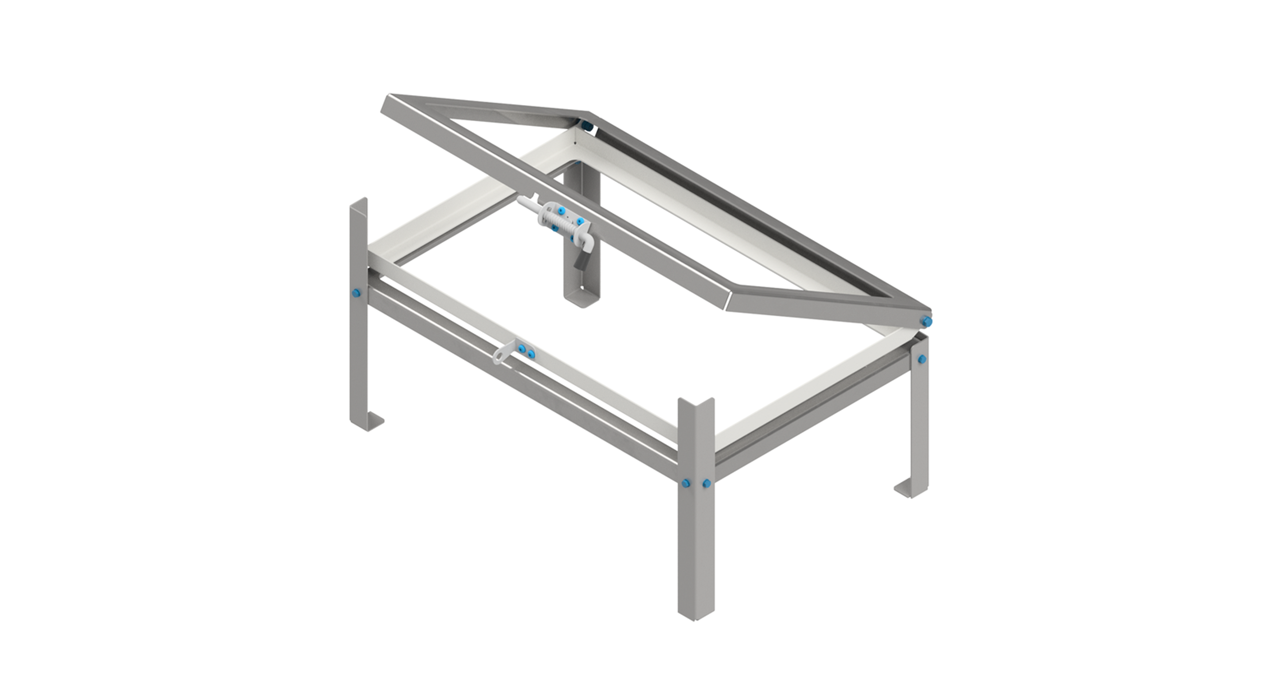 3D model van een rechthoekig kantelframe met scharnierend bovendeel, pneumatische cilinder en lineaire geleiding