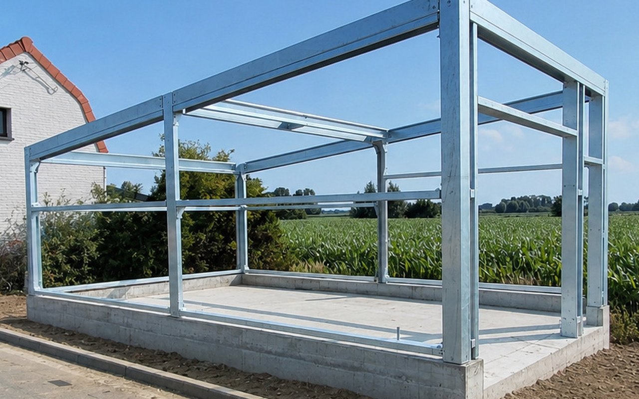 Gemonteerde modulaire staalconstructie voor een garage en werkplaats uit gezette staalprofielen
