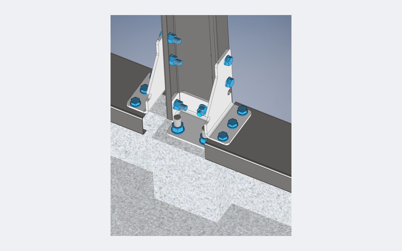 3D-detail van een boutverbinding tussen kolom en fundering