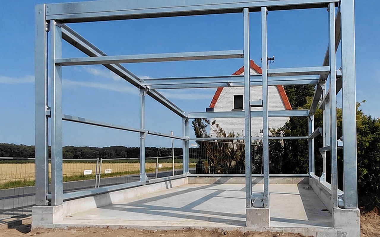 De opgerichte modulaire staalstructuur op de fundering