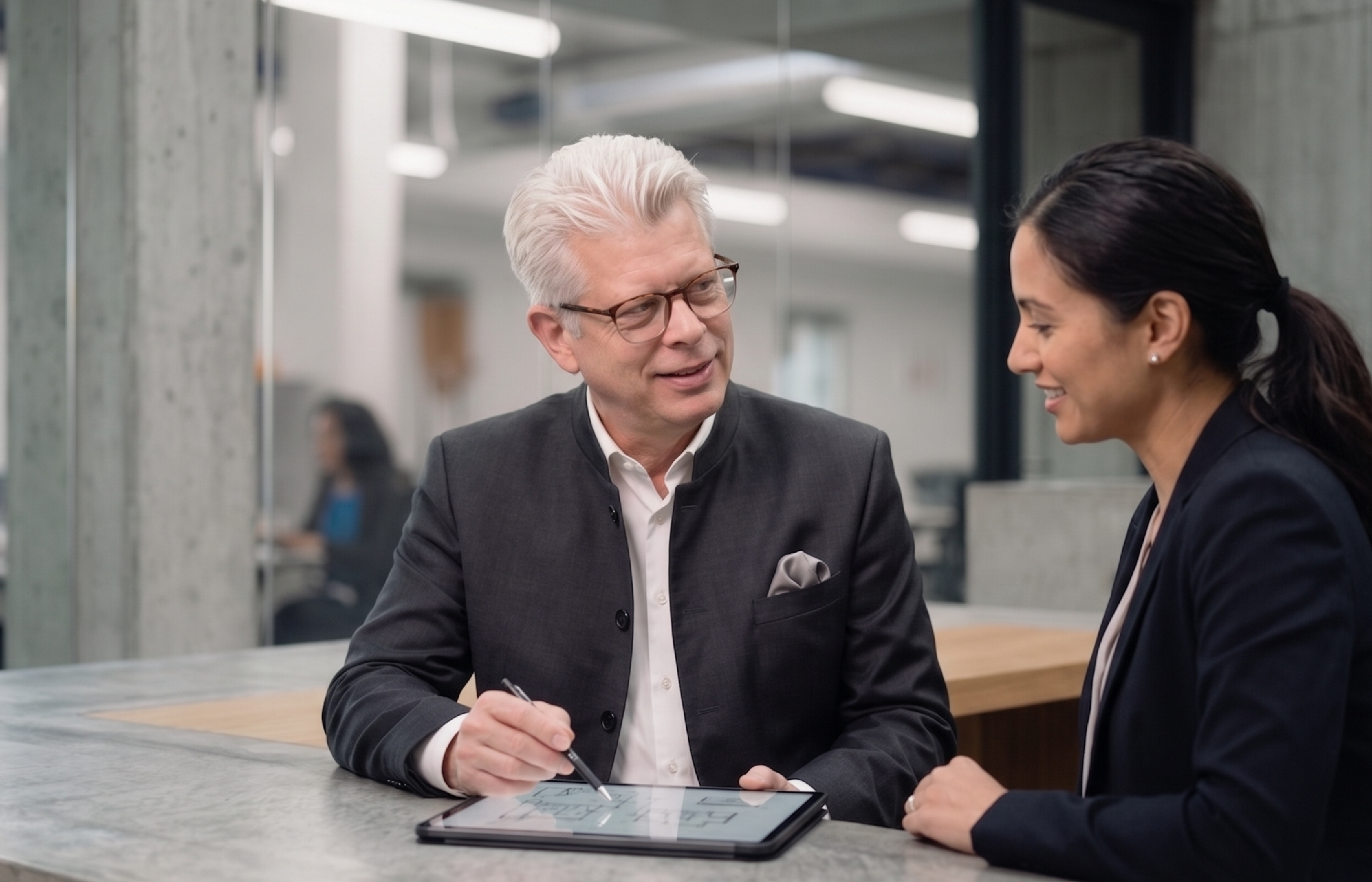 Filip Soetaert in een intakegesprek met een klant aan een werkbank, schetsend op een tablet