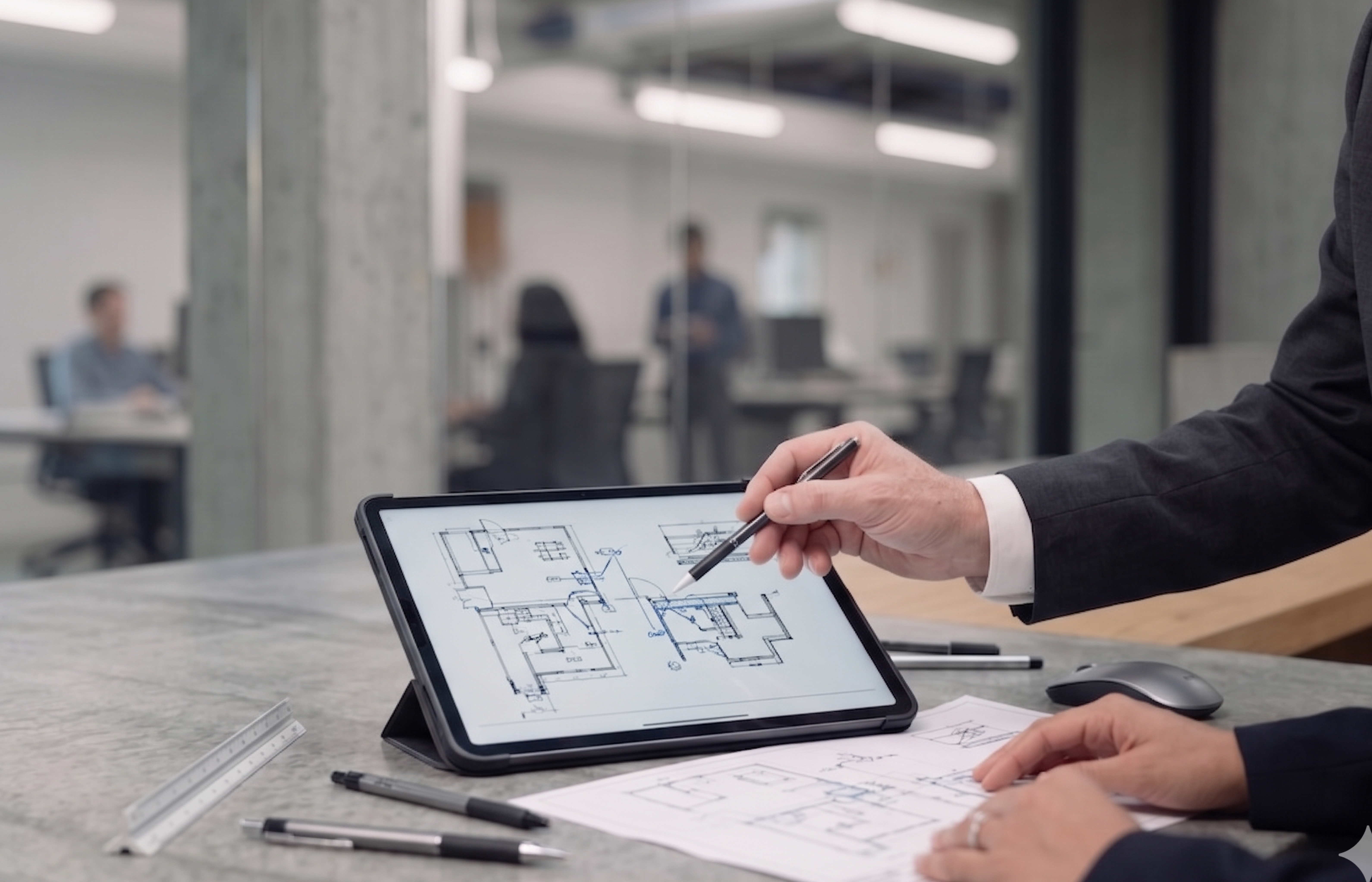 Hand met stylus die een technische tekening op een tablet doorneemt ter voorbereiding van een offerte
