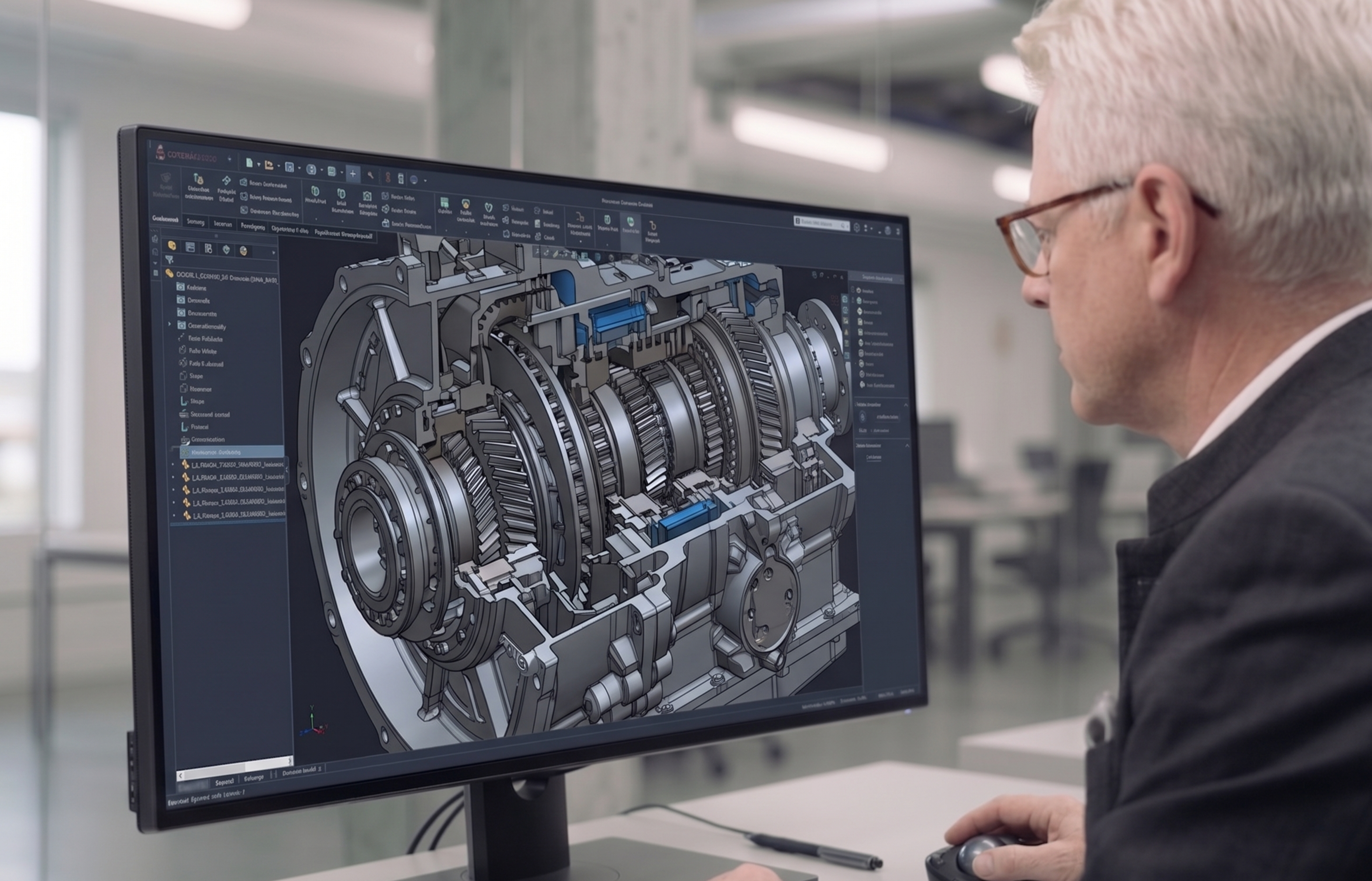Filip Soetaert die een 3D doorsnede van een gear assembly bekijkt in CAD software op een groot scherm