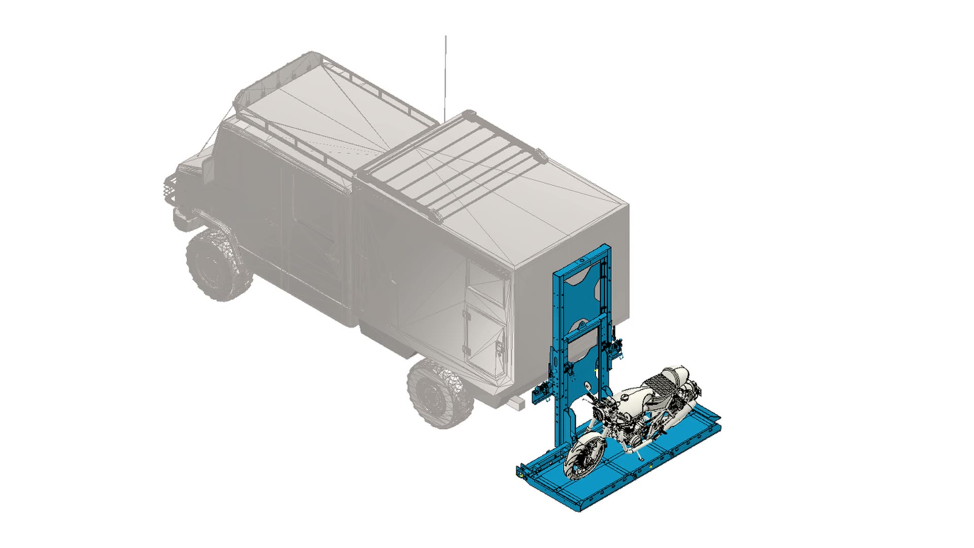 3D model van de opklapbare motor en reservewieldrager achteraan een expeditietruck
